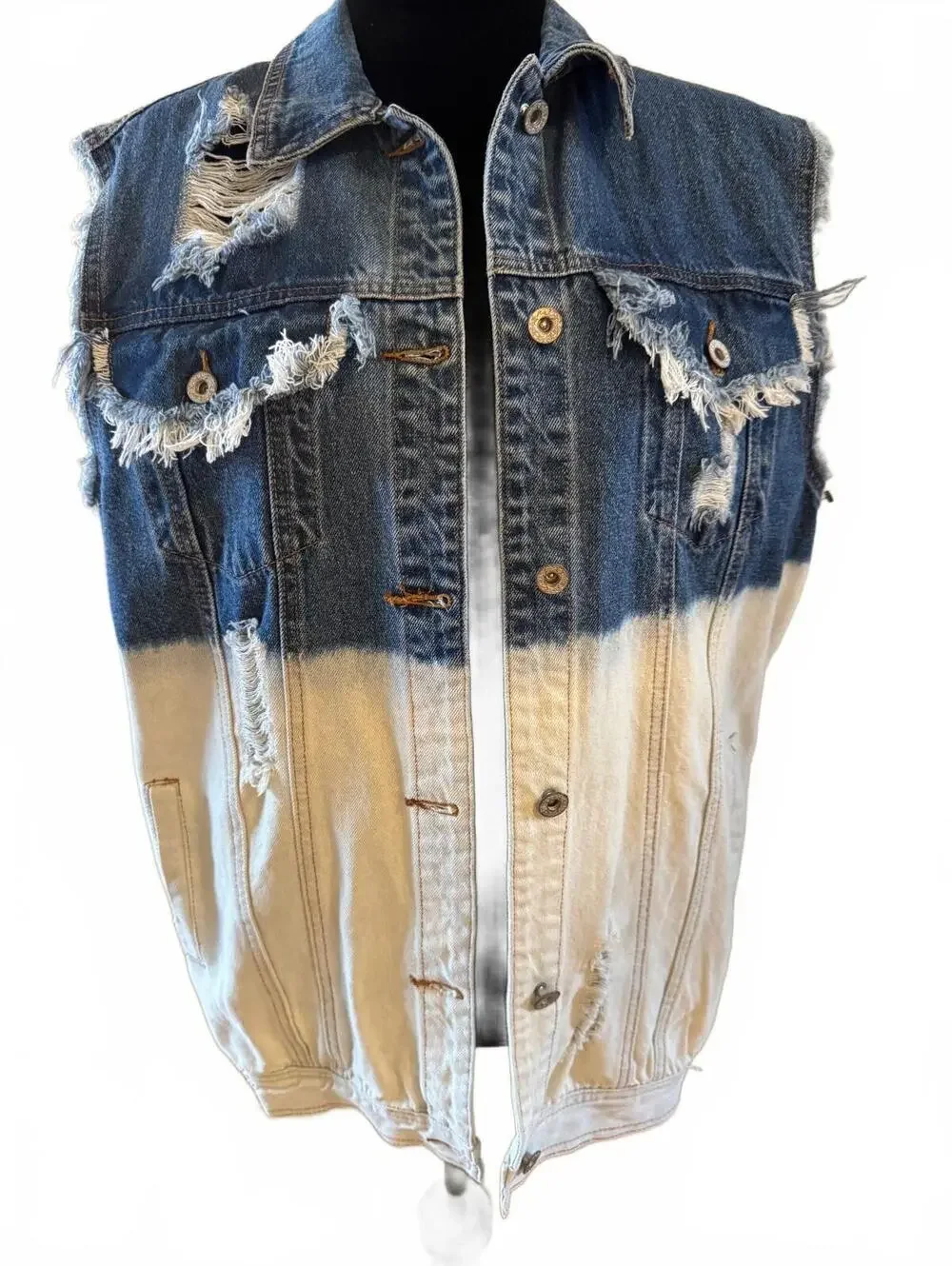 POL Women's Two-Tone Distressed Denim Vest with Back Text Large NWOT